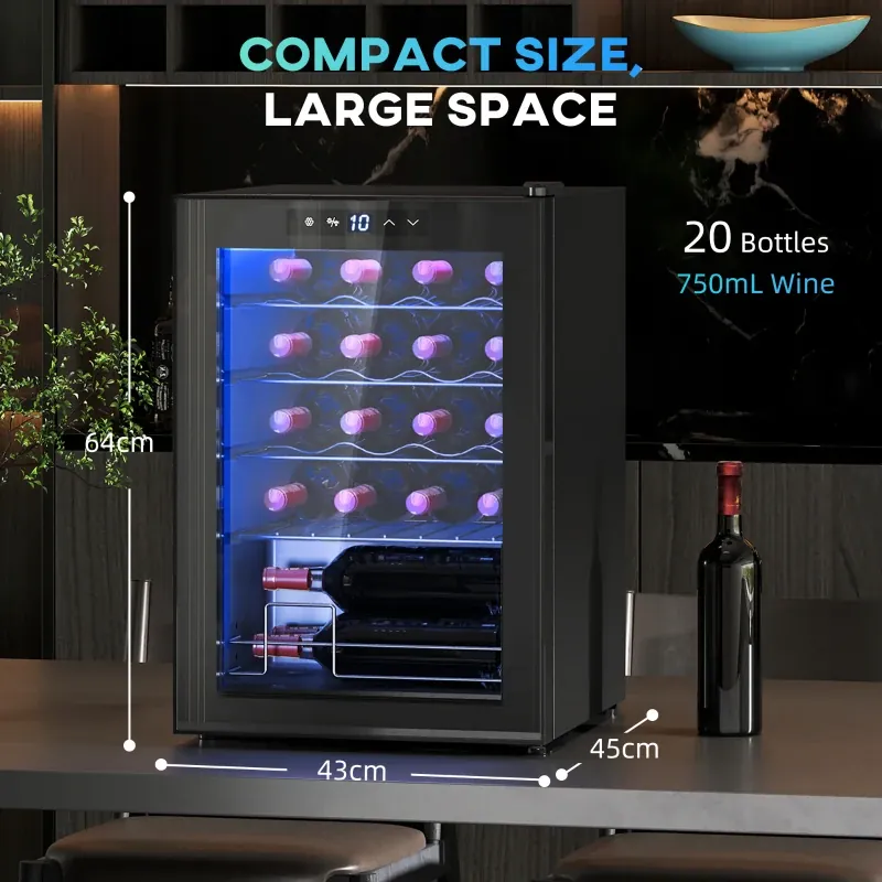 Vinoteca HOMCOM 20 botellas 53 L con temperatura regulable 5-18 °C: medidas y dimensiones