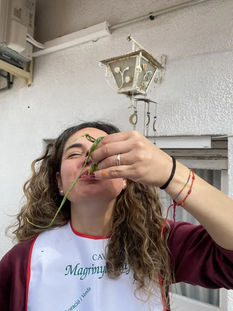 Mujer con babero comiendo un calçot en una terraza