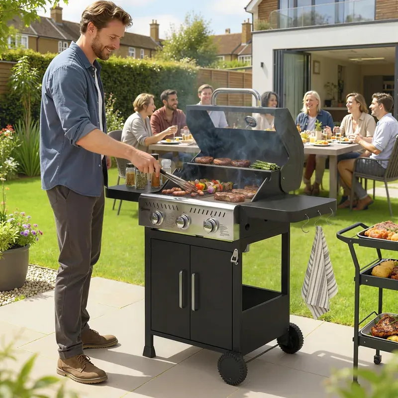Barbacoa de gas de tres quemadores con parrilla y plancha cocinando en un jardín con amigos